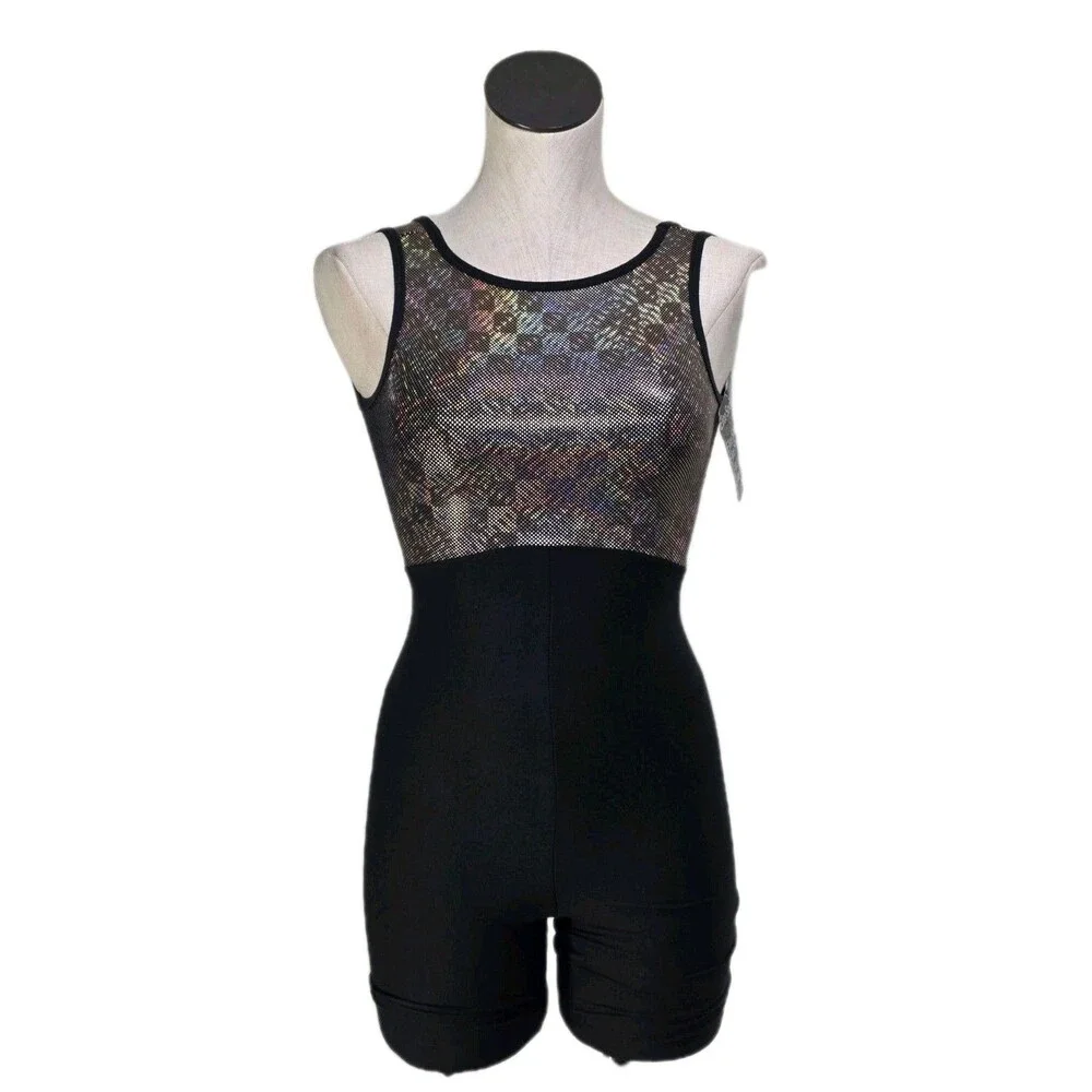 GK Elite VTG 1992 Holographic Gold Cotton Biketard Unitard Dance Size AS Adult S